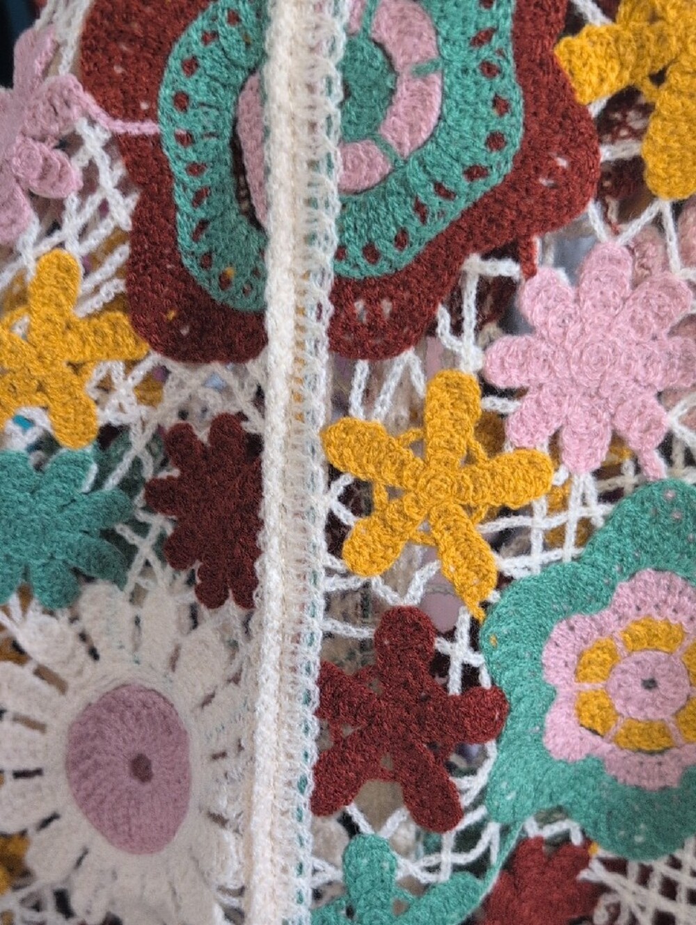House Of Harlow 1960 Crochet Floral Fringe Sweater - Cream, Pink & Mustard - Picture 3 of 4